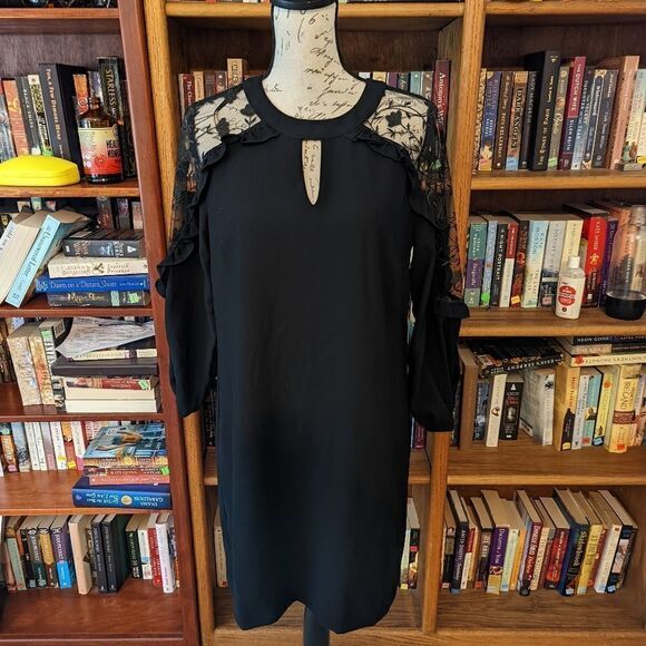 CECE black sheer long lace sleeve cold shoulder keyhole neck midi dress sz s nwt - Picture 6 of 6